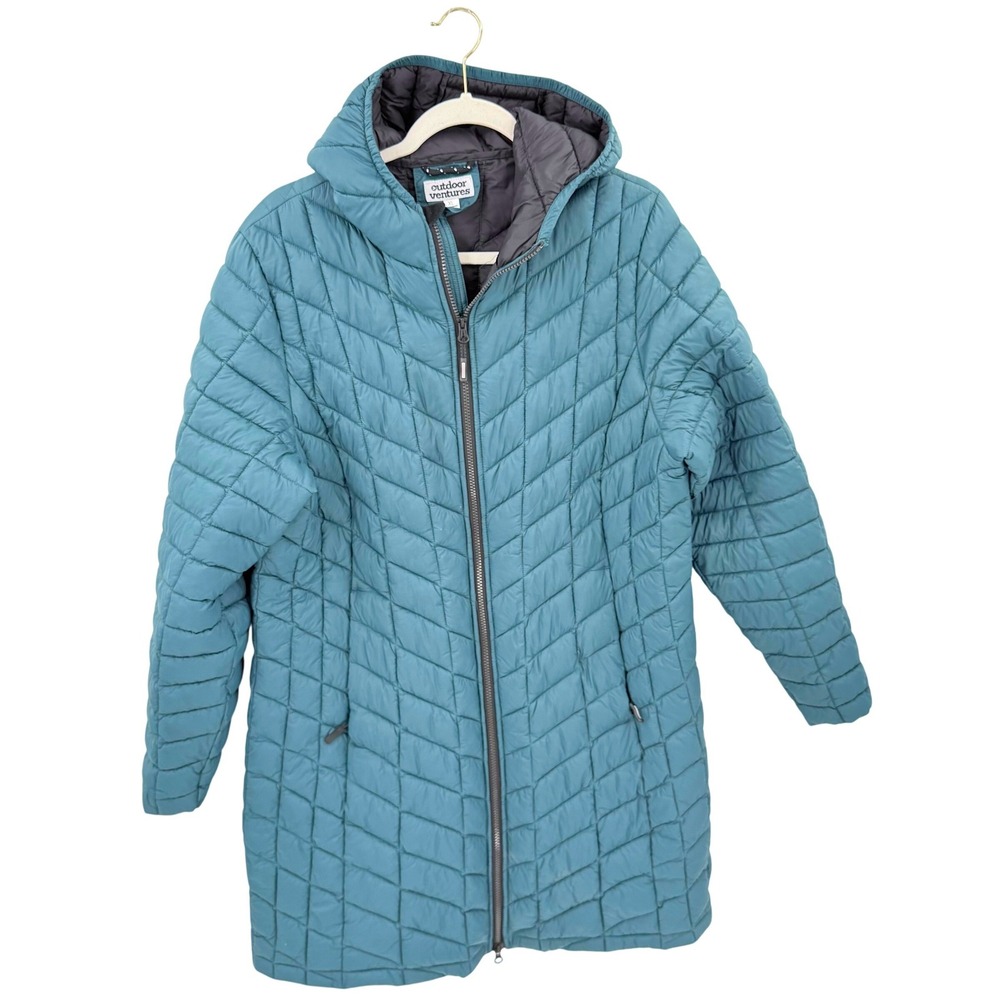 Outdoor Ventures Teal Blue Chevron Quilted Hooded Puffer Jacket Parka XL